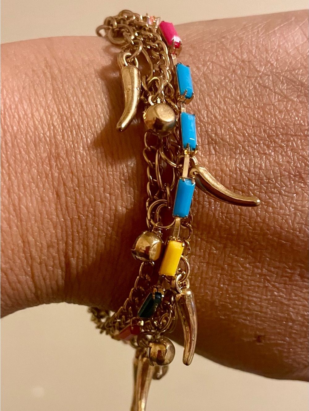 Gold Charm Bracelet with Blue, Pink and Yellow Enamel Accents - Women Jewelry